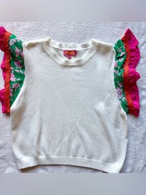 THML White Sweater with Colorful Green, Pink and Orange Ruffled Sleeves